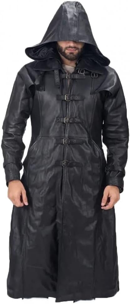 Black Hooded Goth Matrix Steampunk Long Leather Coat