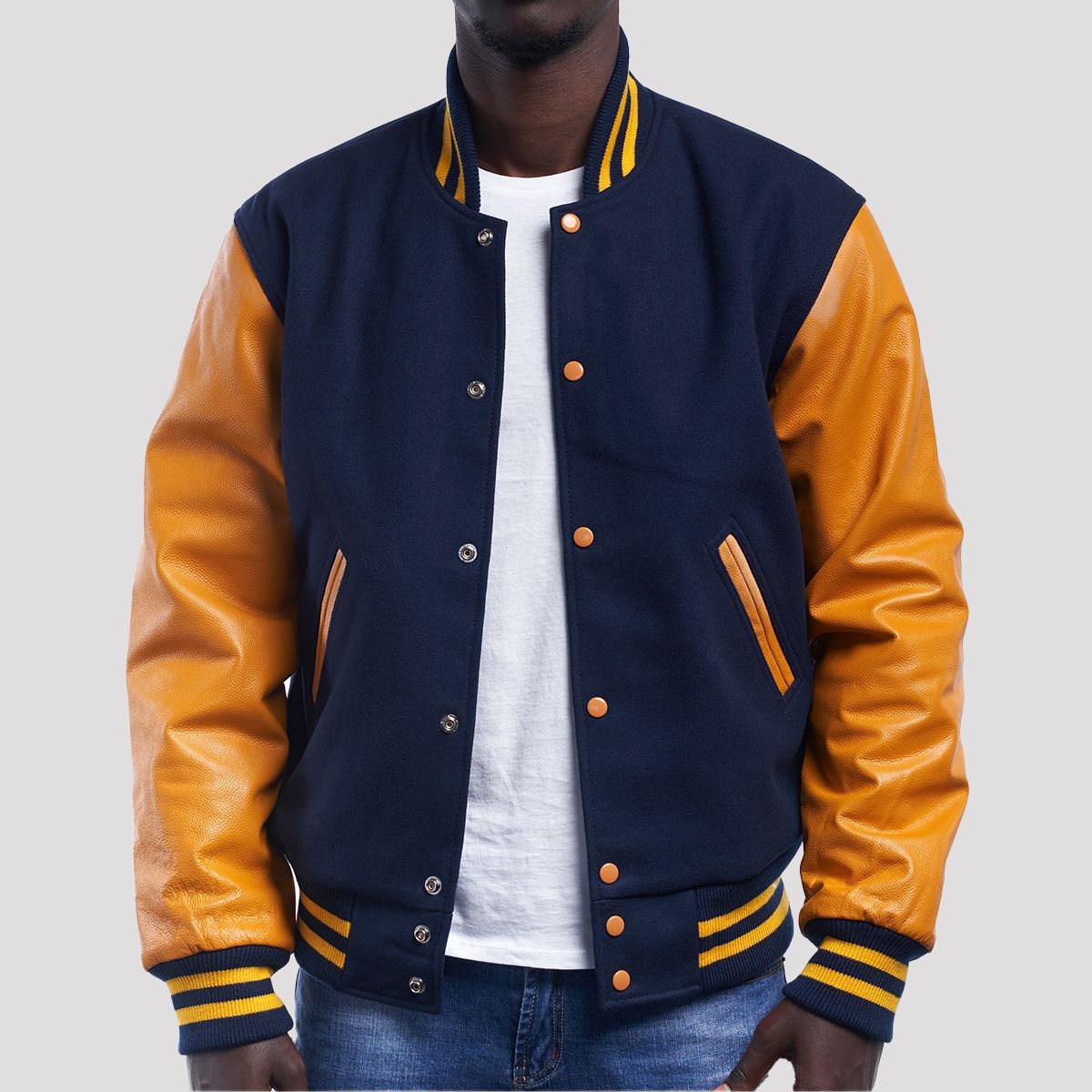 Royal Wool Body & Bright Gold Leather Sleeves Varsity Jacket